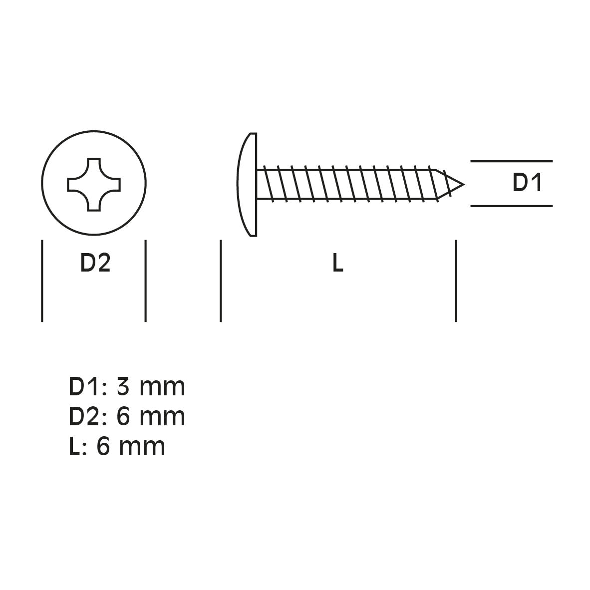 Rivet style screw. Nickel finish. Phillips head. M3 x 6